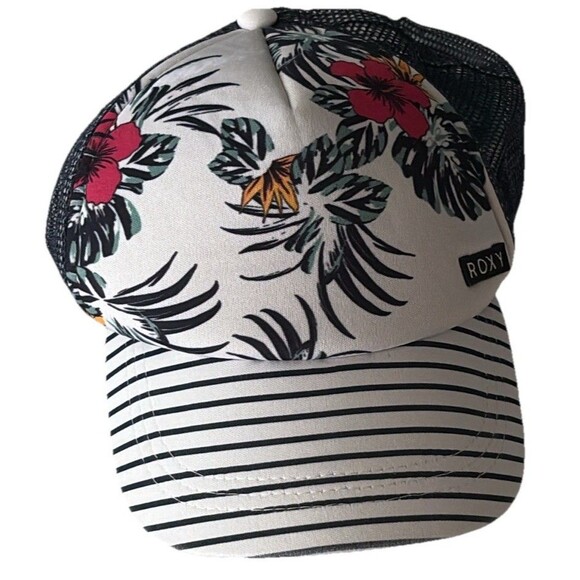 ROXY Trucker Hat Snap Back Mesh Beach Summer Floral Stripes Surf Vibes Cap Y2K - Picture 1 of 6